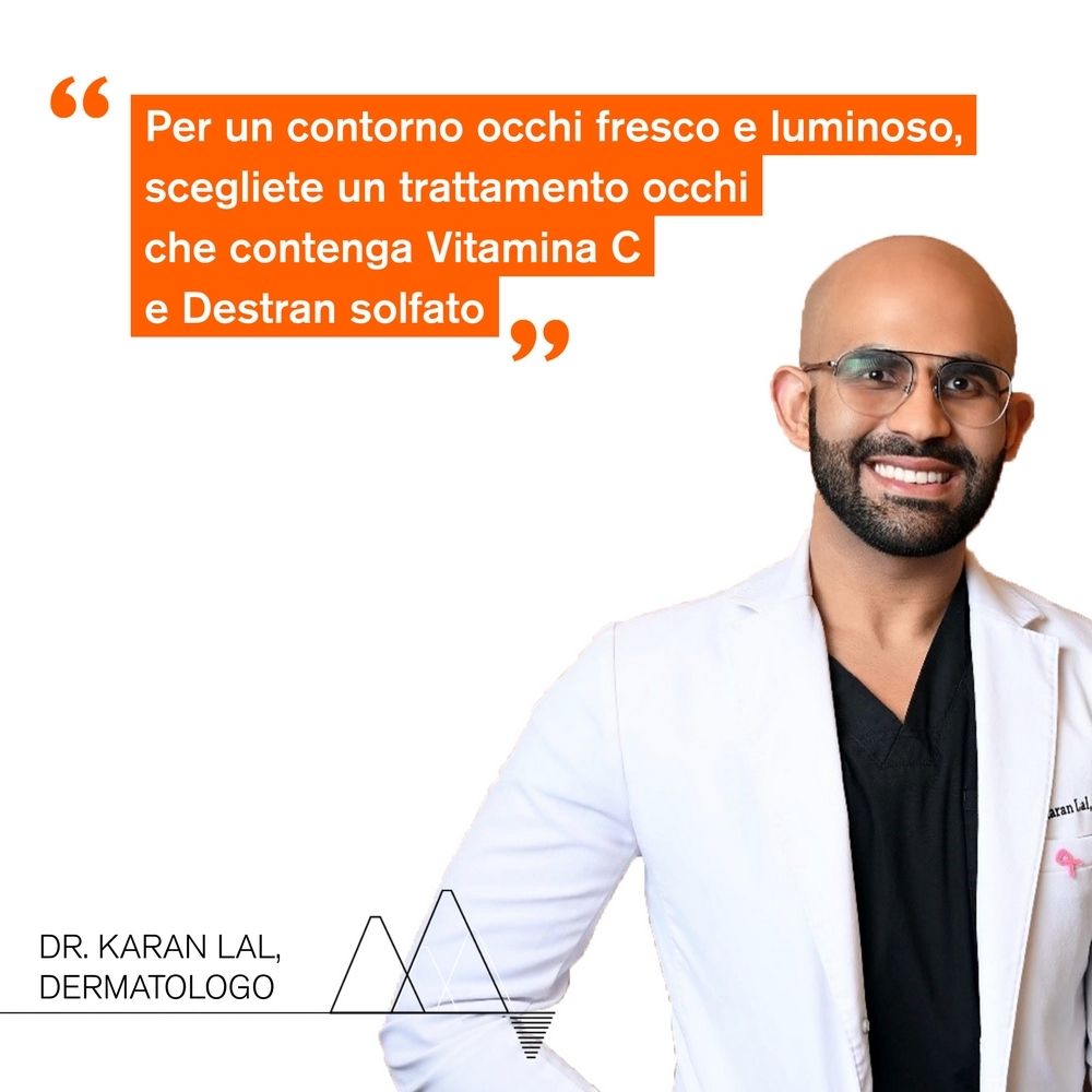Un uomo con gli occhiali cita: Per un contorno occhi fresco, scegliete un trattamento con Vitamina C e Destran solfato.