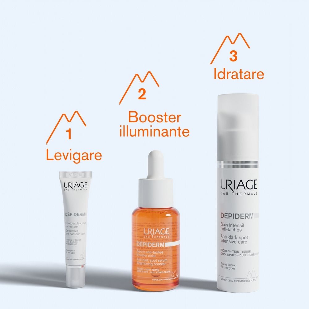 Tre prodotti: crema occhi, siero, crema. Testo: Levigare, Booster illuminante, Idratare. Marchio URIAGE.