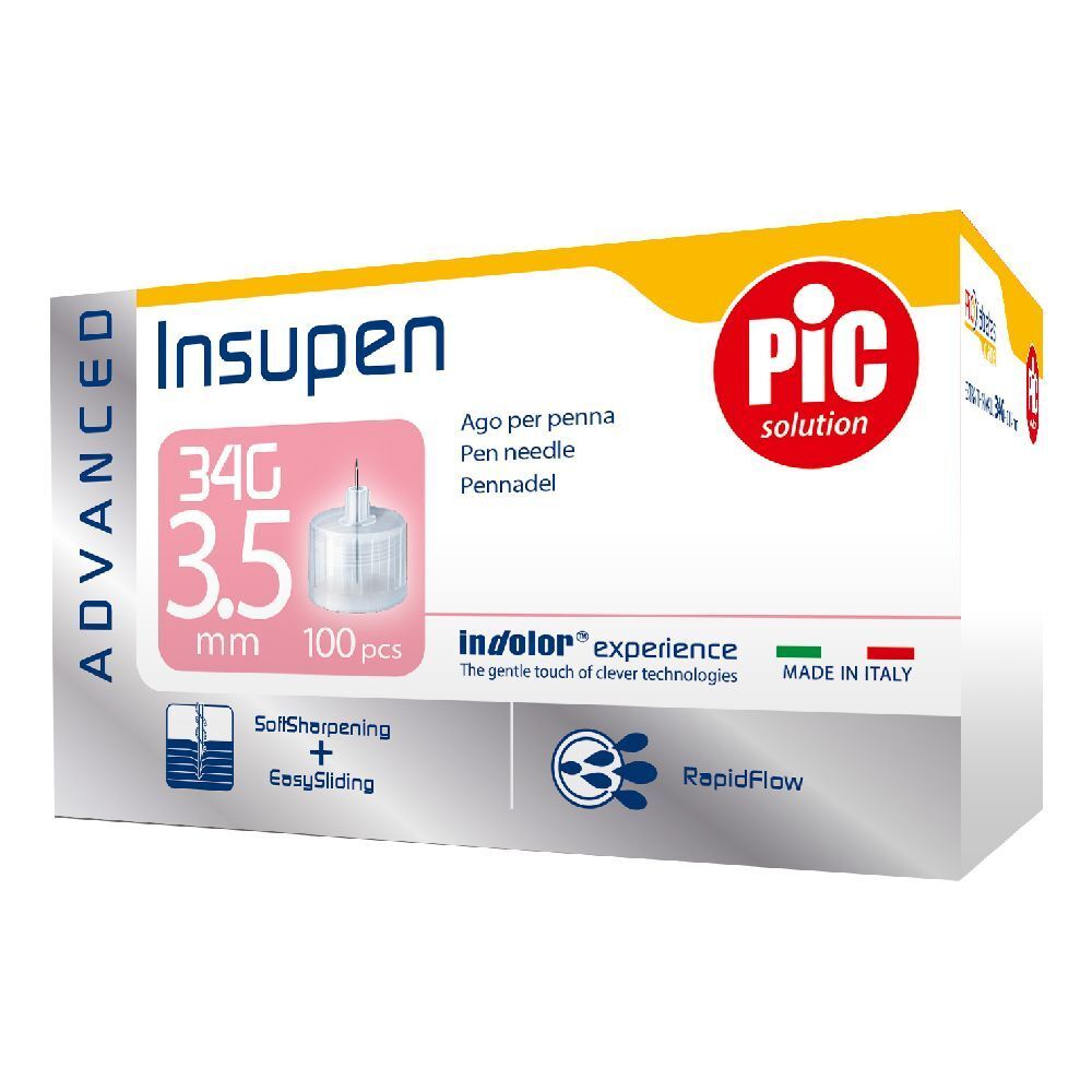 Confezione aghi per penna Insupen. Scritta: 34G 3,5 mm, 100 pezzi. Marchio: PIC solution. Prodotto in Italia.