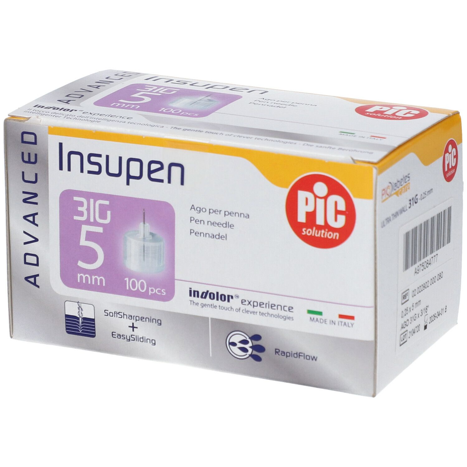 Scatola aghi per penna Insupen. 31G, 5 mm, 100 pezzi. Logo PIC. Informazioni sulla confezione.