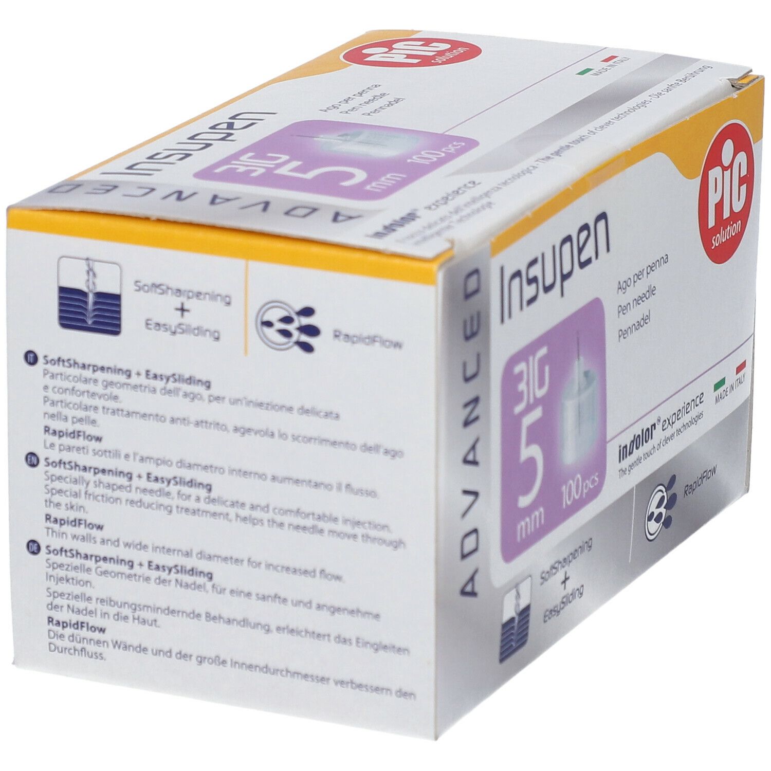 Vista angolata della confezione aghi Insupen. 31G, 5 mm, 100 pezzi. Logo PIC. Informazioni sul prodotto.