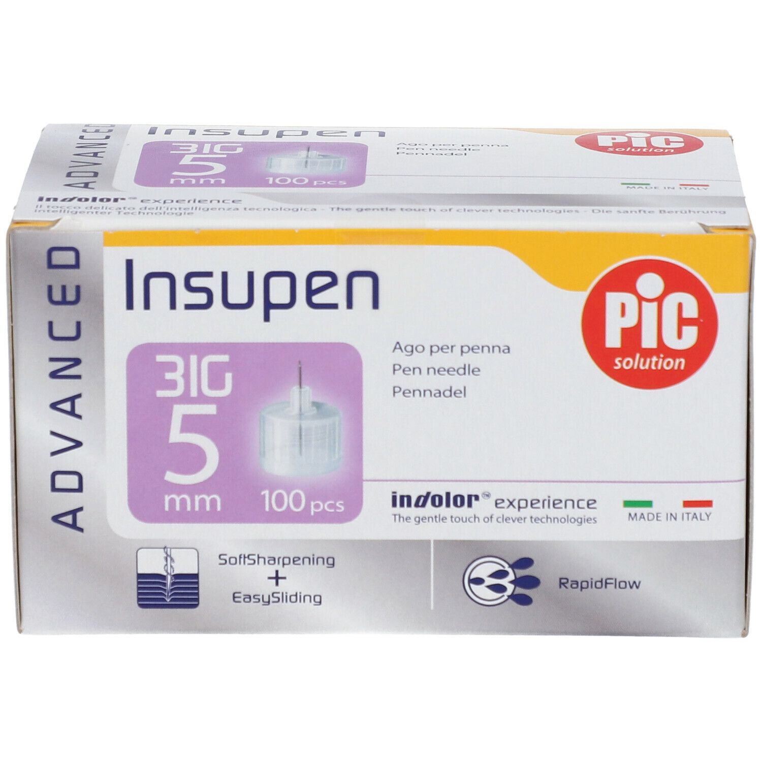 Confezione aghi per penna Insupen. 31G, 5 mm, 100 pezzi. Logo PIC. Prodotto in Italia.