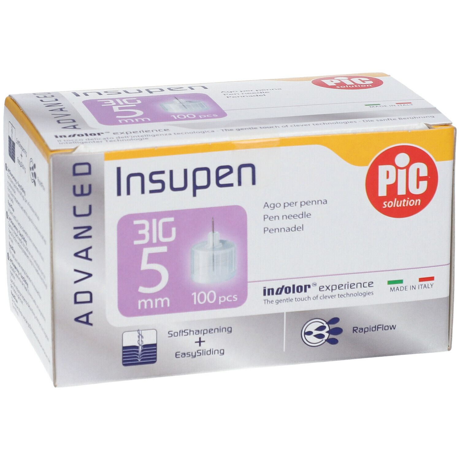 Confezione aghi per penna Insupen. 31G, 5 mm, 100 pezzi. Logo PIC. Prodotto in Italia.