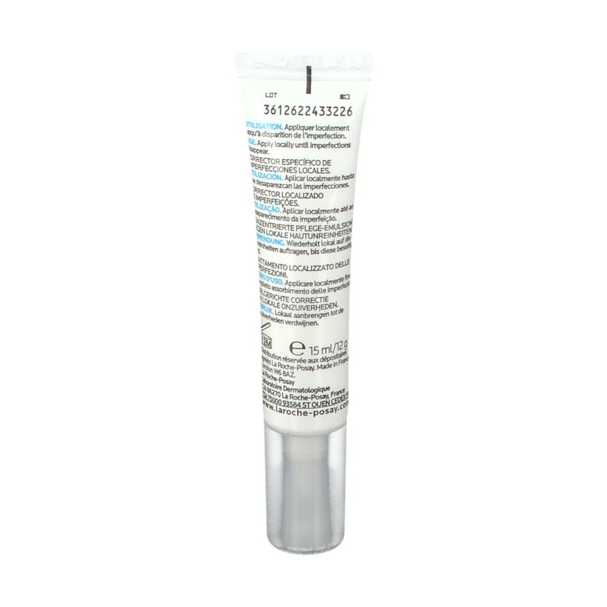 Rückseite der La Roche-Posay EFFACLAR A.I. Tube. Text und Informationen zur Anwendung und Inhaltsstoffen.