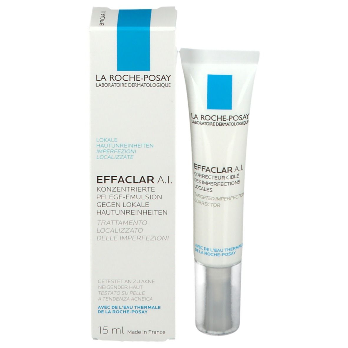 La Roche-Posay EFFACLAR A.I. Tube und Verpackung. Aufschrift: La Roche-Posay, EFFACLAR A.I., 15 ml.