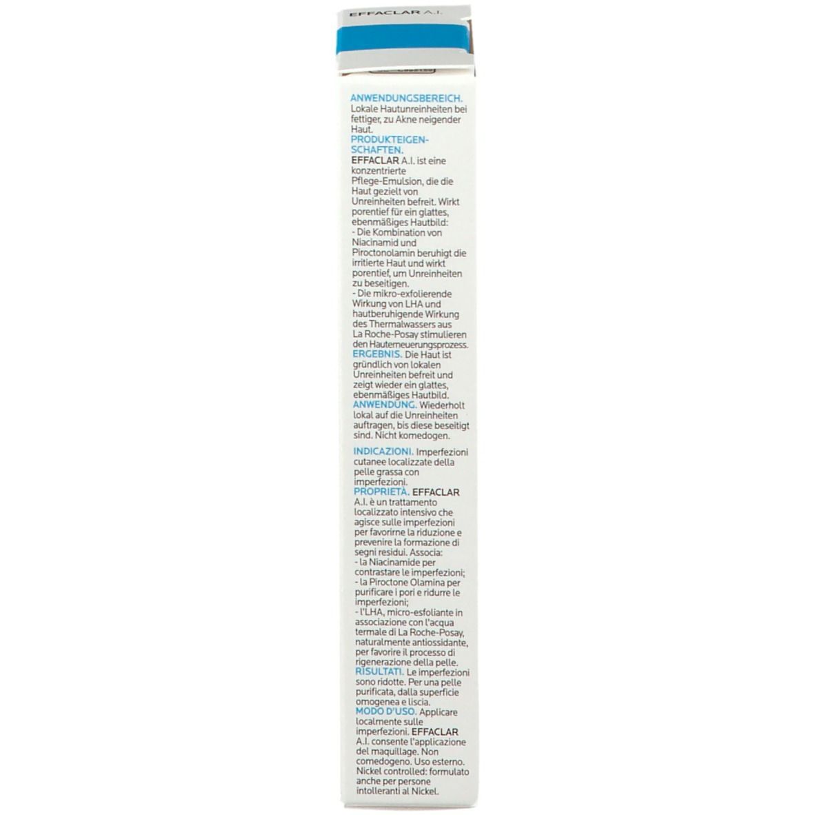 Rückseite der La Roche-Posay EFFACLAR A.I. Verpackung. Text und Informationen.