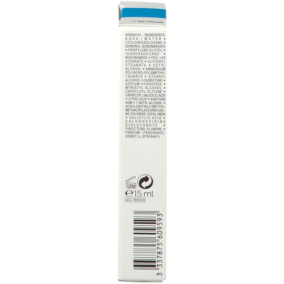 Seite der La Roche-Posay EFFACLAR A.I. Verpackung. Inhaltsstoffe, Barcode und Informationen.