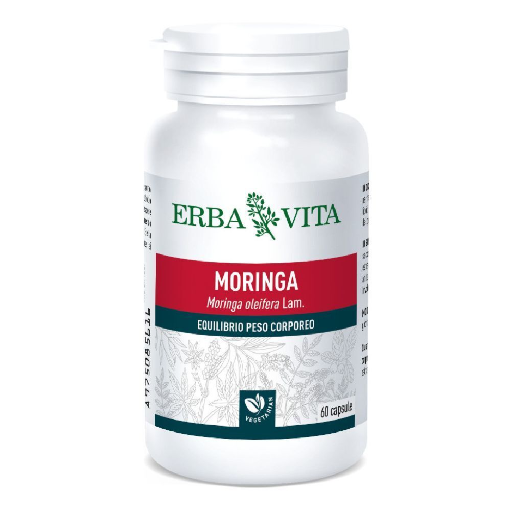 Flacone bianco con fascia rossa e scritta Moringa. Marchio Erba Vita. 60 capsule. Vegetariano.