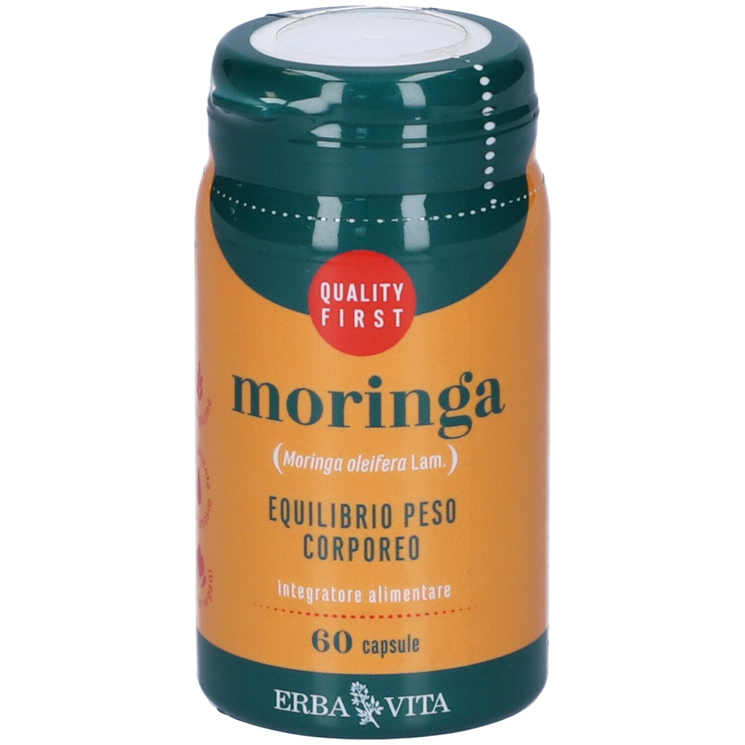 Flacone marrone con coperchio verde. Scritta Moringa, marchio Erba Vita. 60 capsule. Qualità prima.