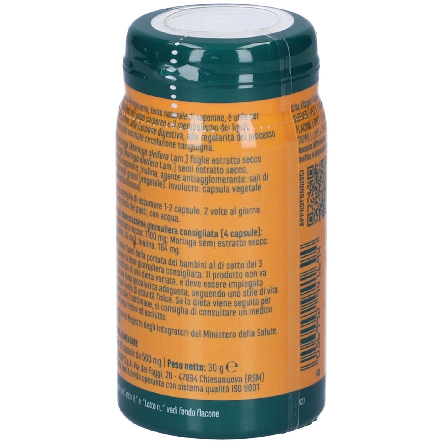 Flacone marrone con coperchio verde. Scritta Moringa, marchio Erba Vita. Informazioni sul prodotto e codice QR.