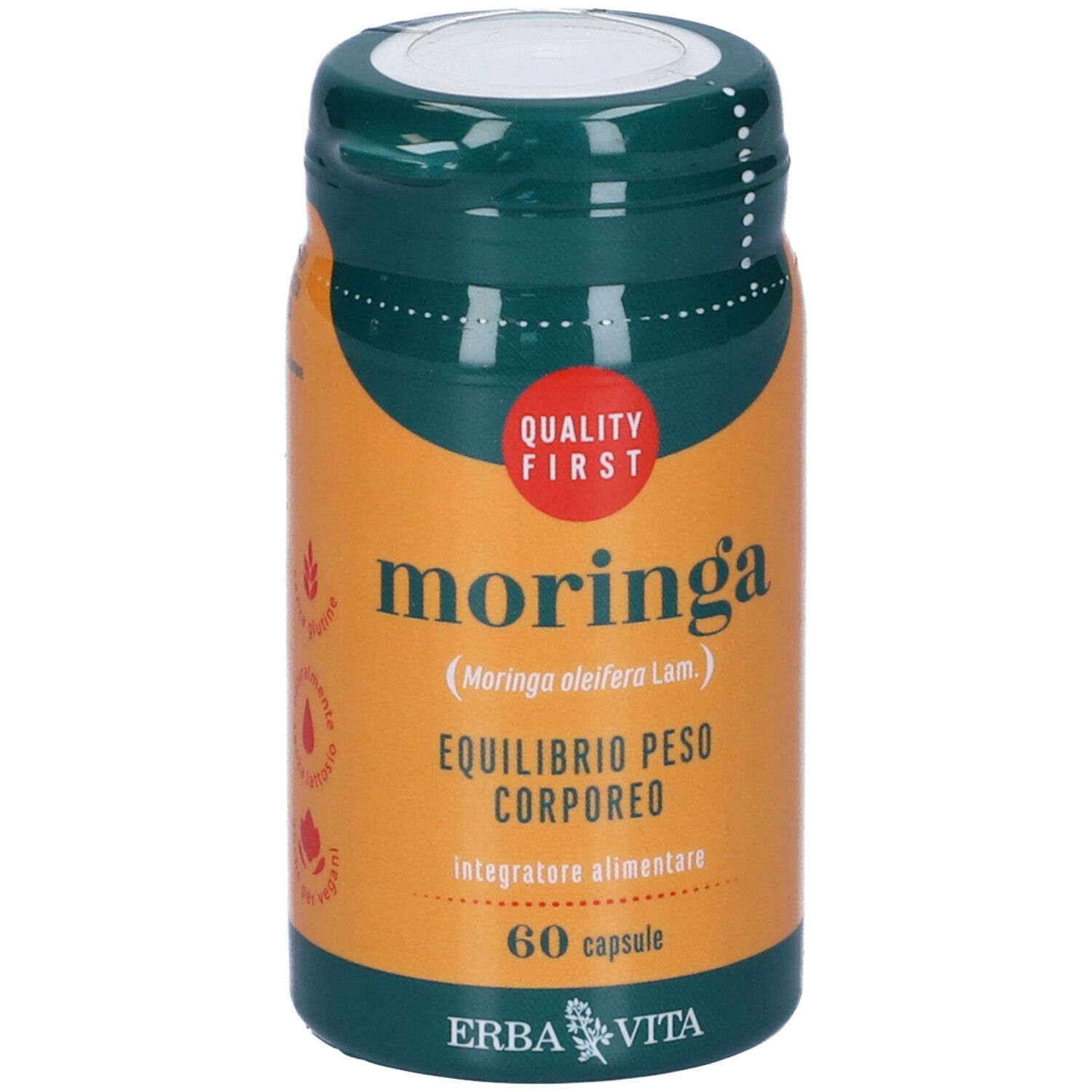 Flacone marrone con coperchio verde. Scritta Moringa, marchio Erba Vita. 60 capsule. Qualità prima.
