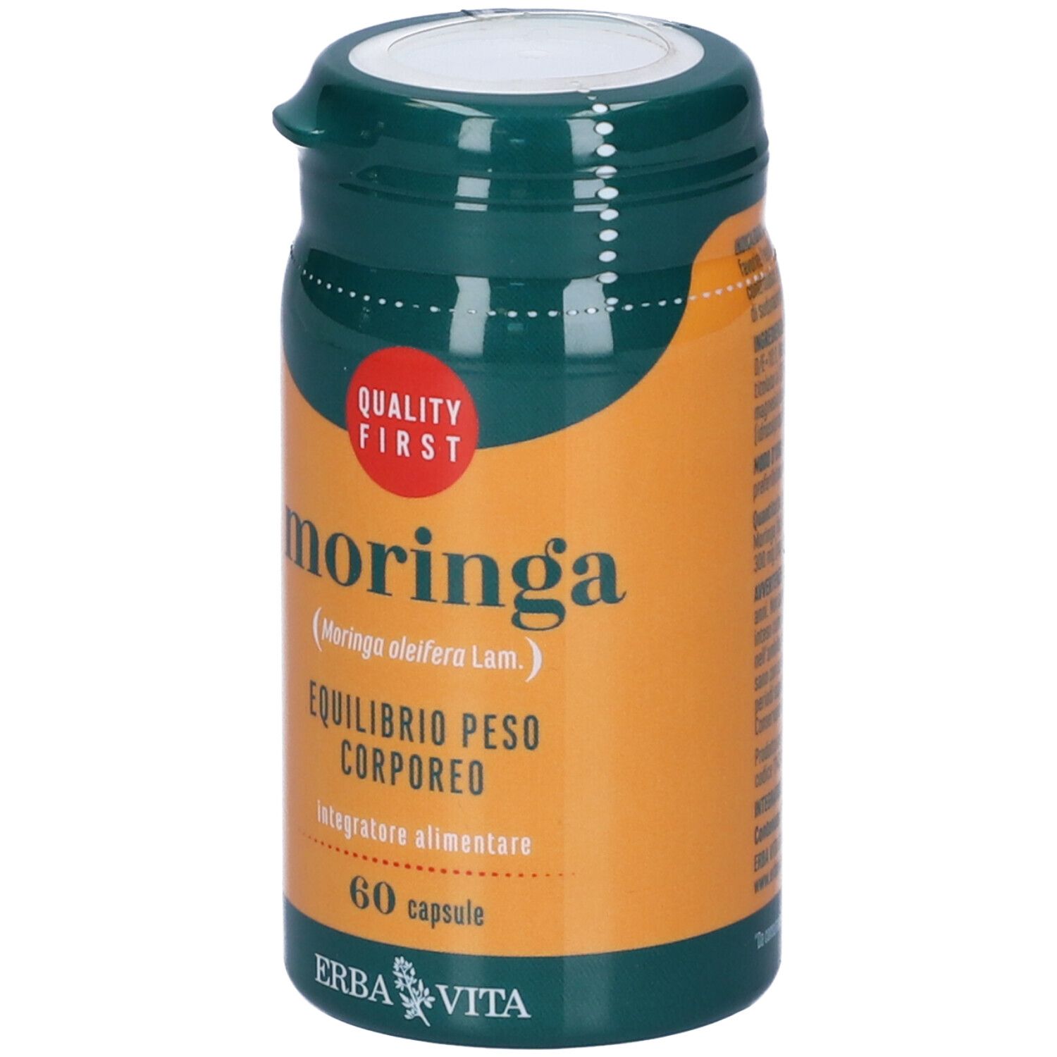 Flacone marrone con coperchio verde. Scritta Moringa, marchio Erba Vita. 60 capsule. Qualità prima.