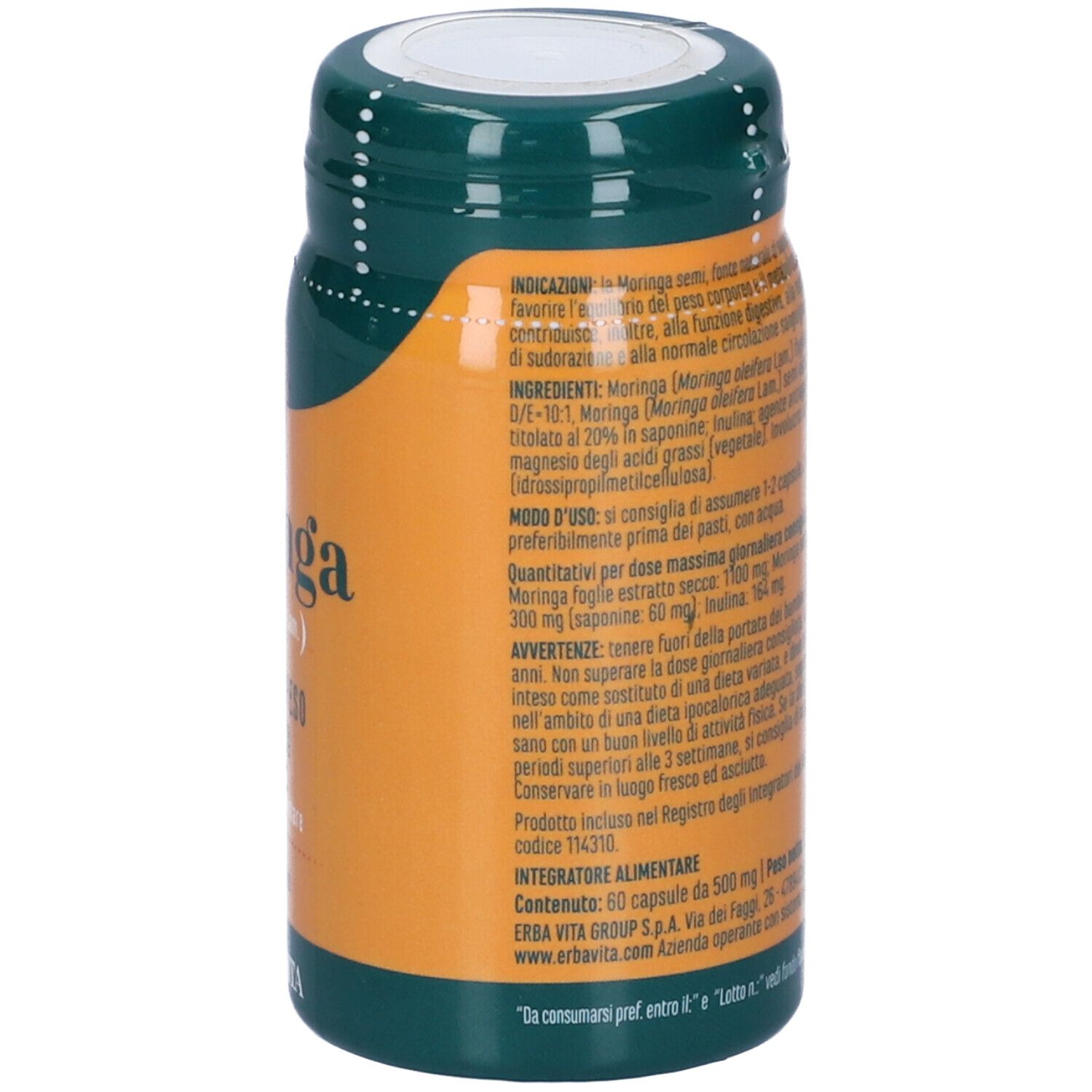 Flacone marrone con coperchio verde. Scritta Moringa, marchio Erba Vita. Informazioni sul prodotto e ingredienti.
