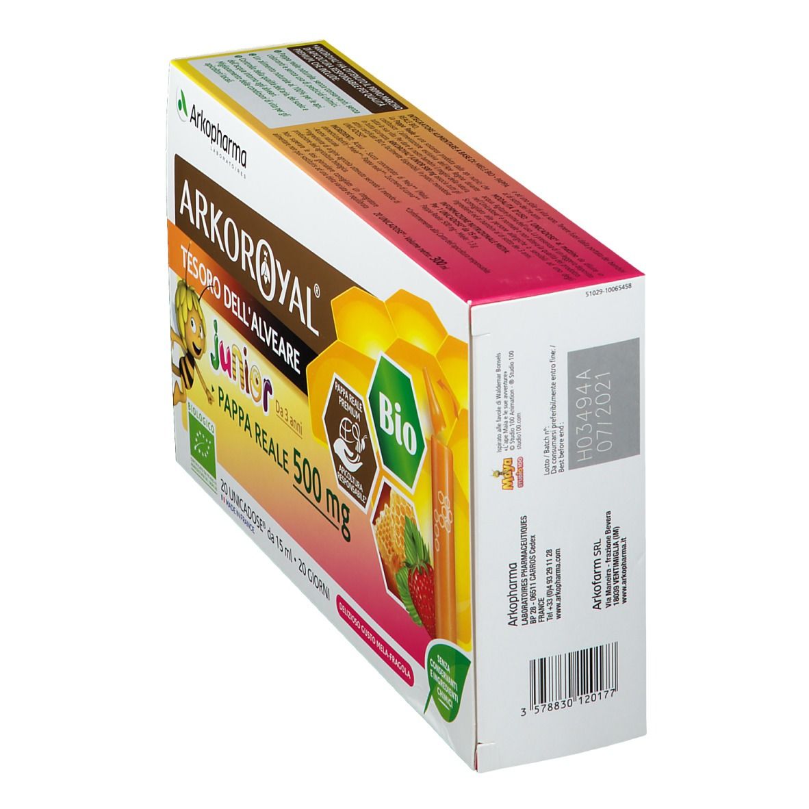 Scatola Arkopharma ARKOROYAL Junior Pappa Reale Bio. Vista laterale. Scritte: 500 mg, marchio Bio, numero di lotto, data di scadenza.