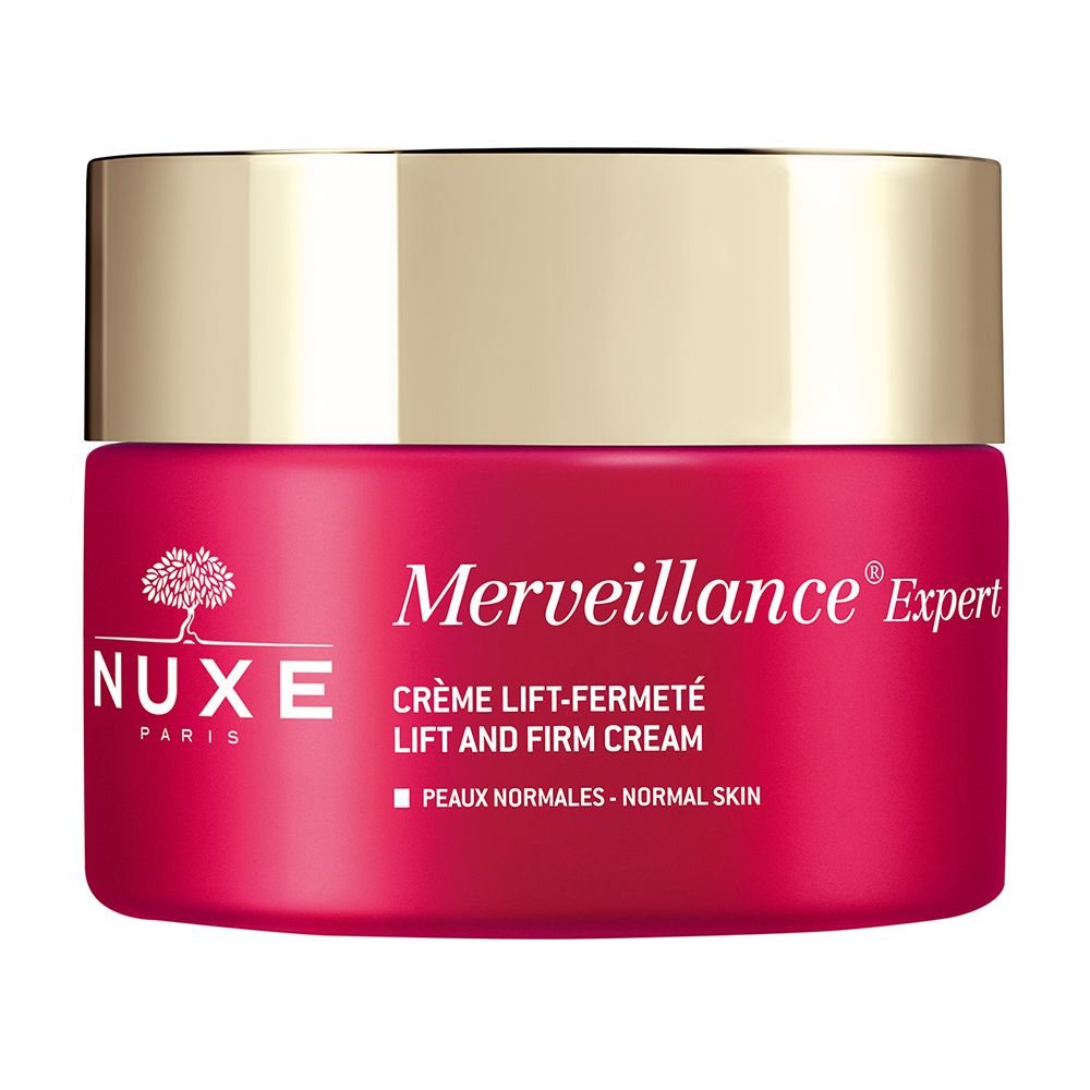 Roter Tiegel mit goldfarbenem Deckel. Aufschrift: Merveillance Expert, Crème Lift-Fermeté, NUXE Paris.