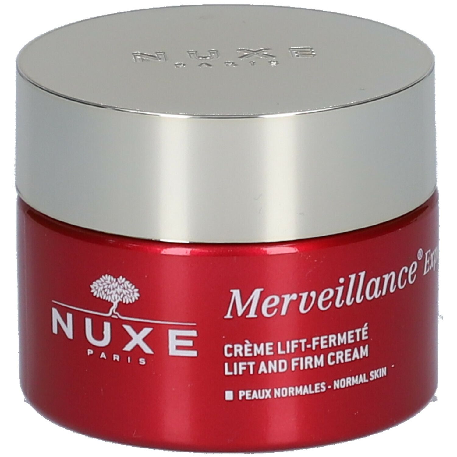 Roter Tiegel mit silbernem Deckel. Aufschrift: Merveillance Expert, Crème Lift-Fermeté, NUXE Paris.