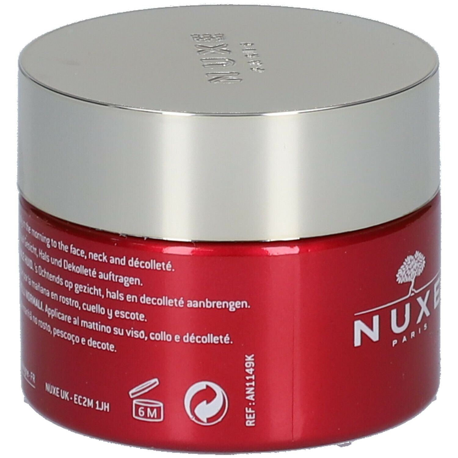 Roter Tiegel mit silbernem Deckel. Aufschrift: Merveillance Expert, Crème Lift-Fermeté, NUXE Paris. Text in mehreren Sprachen.