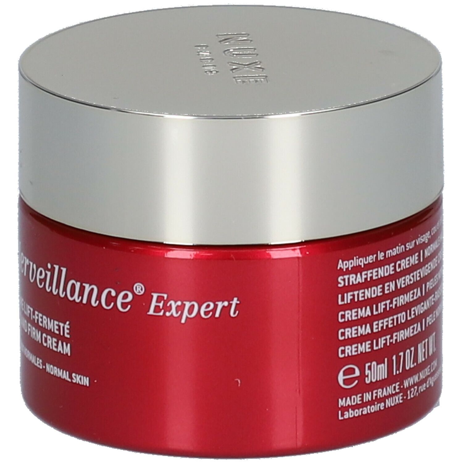 Roter Tiegel mit silbernem Deckel. Aufschrift: Merveillance Expert, Crème Lift-Fermeté, NUXE Paris. Text in mehreren Sprachen.