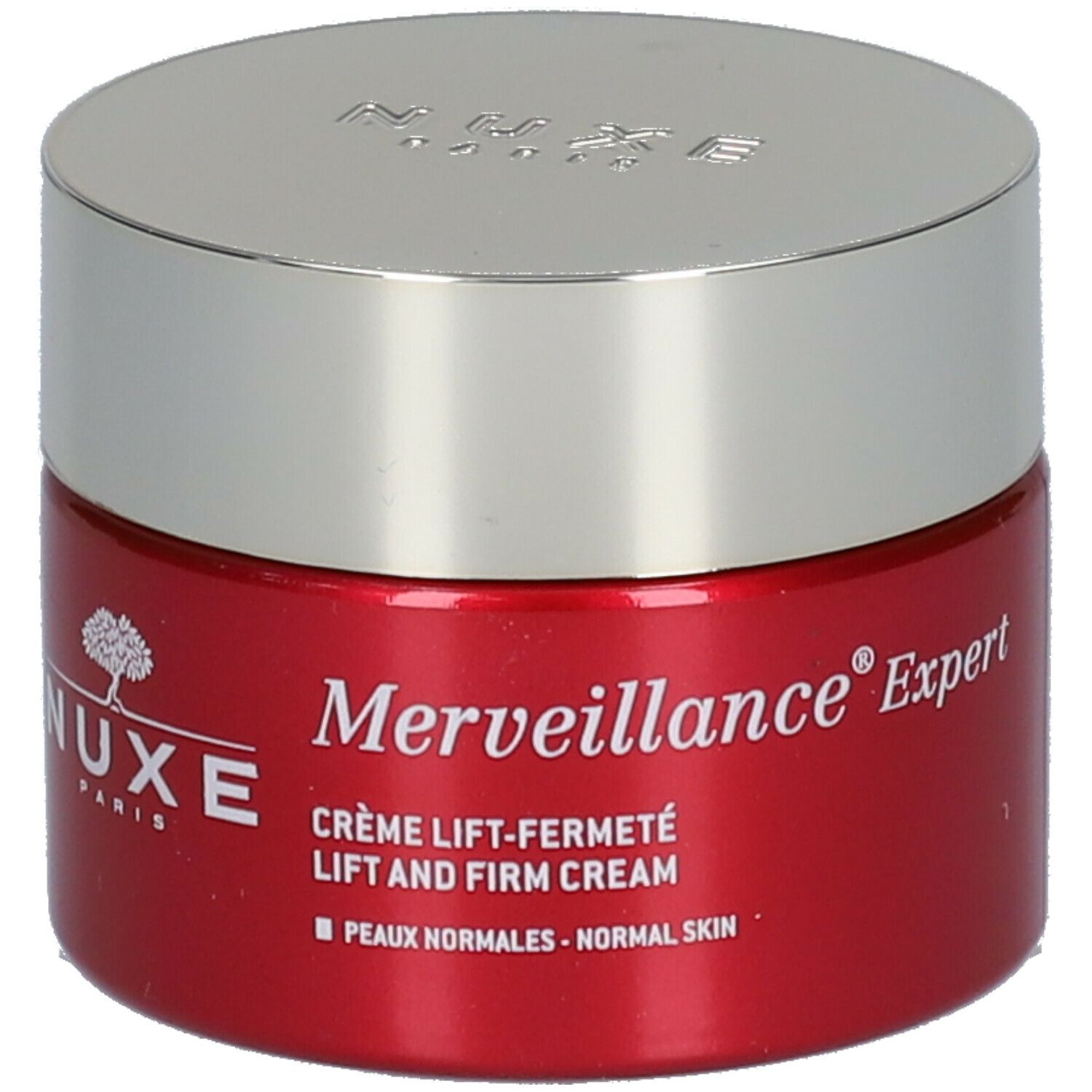 Roter Tiegel mit silbernem Deckel. Aufschrift: Merveillance Expert, Crème Lift-Fermeté, NUXE Paris.