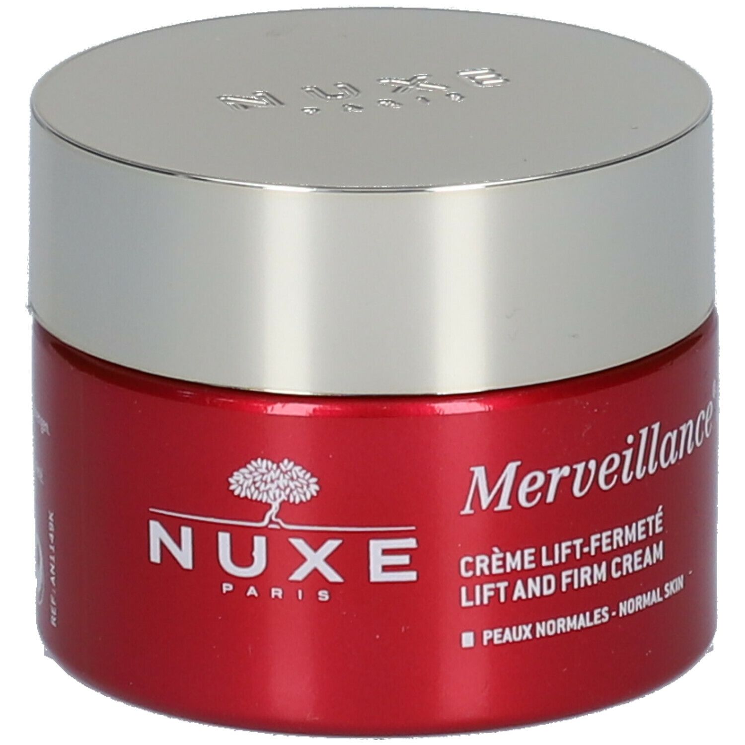 Roter Tiegel mit silbernem Deckel. Aufschrift: Merveillance Expert, Crème Lift-Fermeté, NUXE Paris.