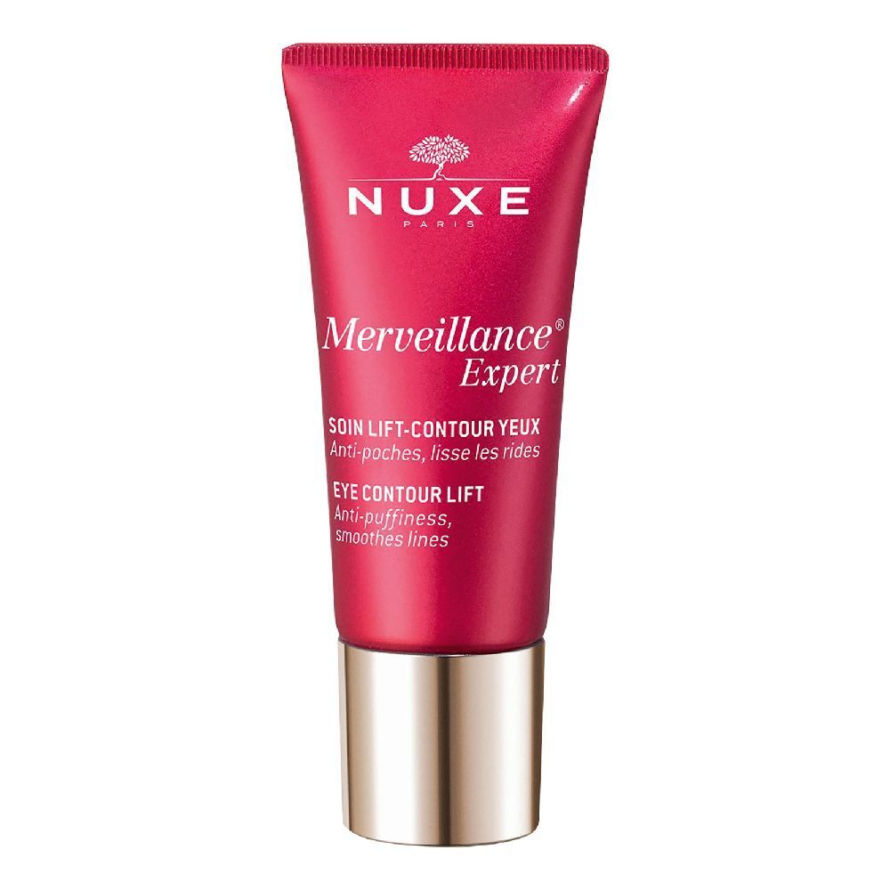 Tubo rosso con tappo argentato. Scritta: NUXE, Merveillance Expert, Eye Contour Lift.
