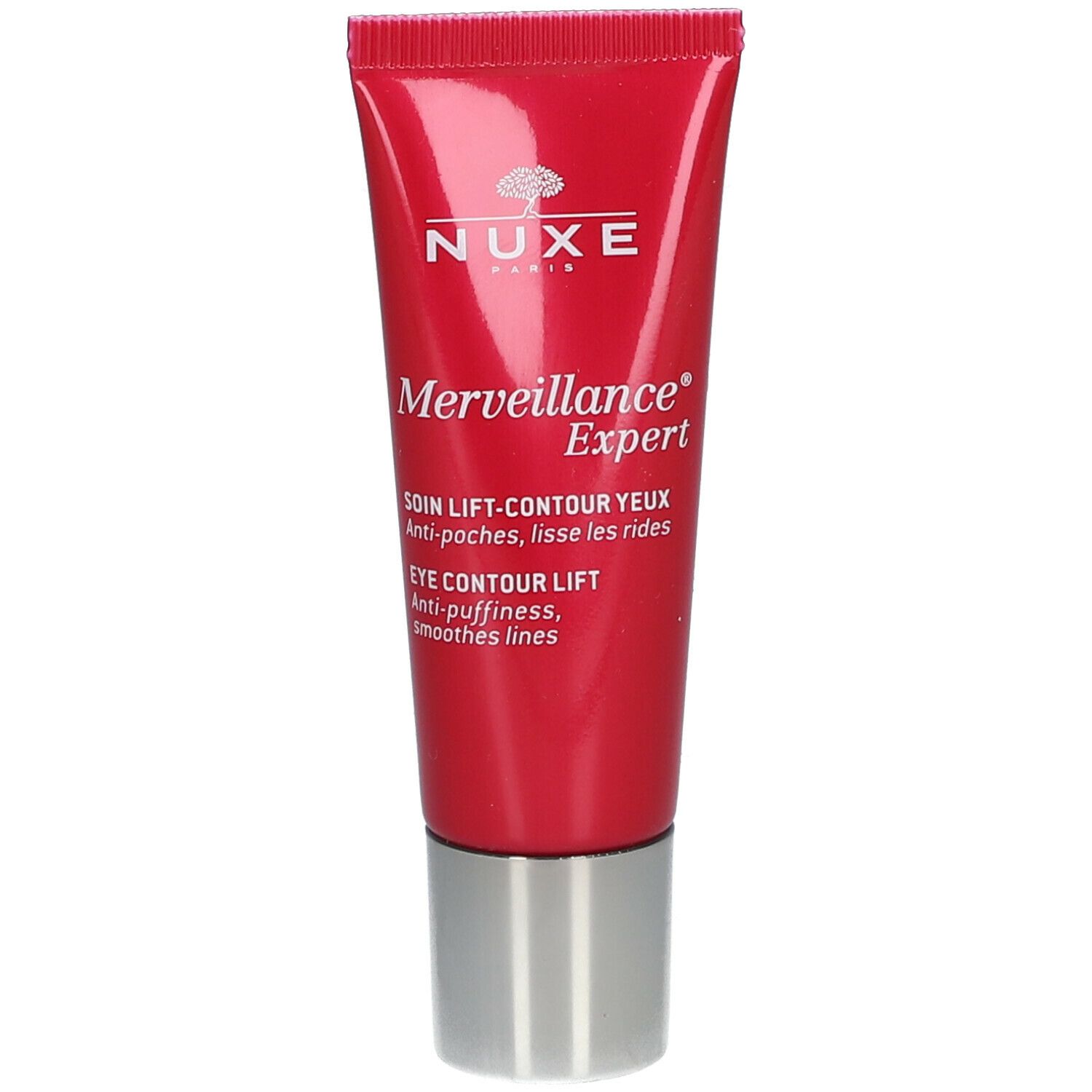 Tubo rosso con tappo argentato. Scritta: NUXE, Merveillance Expert, Eye Contour Lift.