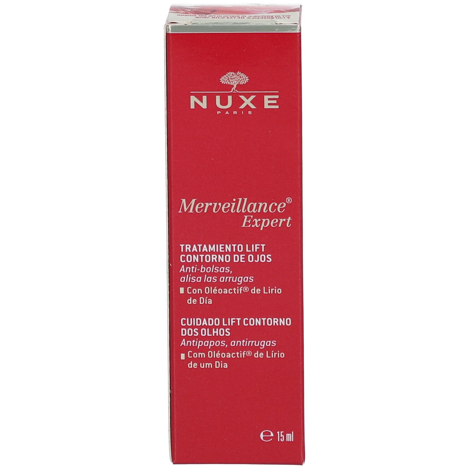 Confezione rossa. Scritta: NUXE, Merveillance Expert. Testo in più lingue.