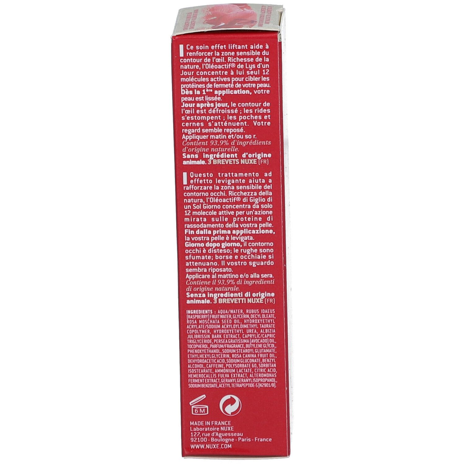 Lato della confezione rossa. Testo in più lingue. Ingredienti.