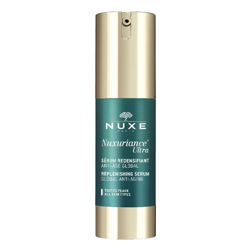 Flacone di siero con etichetta verde. Testo: NUXE, Nuxuriance Ultra, Sérum Redensifiant Anti-Âge Global.