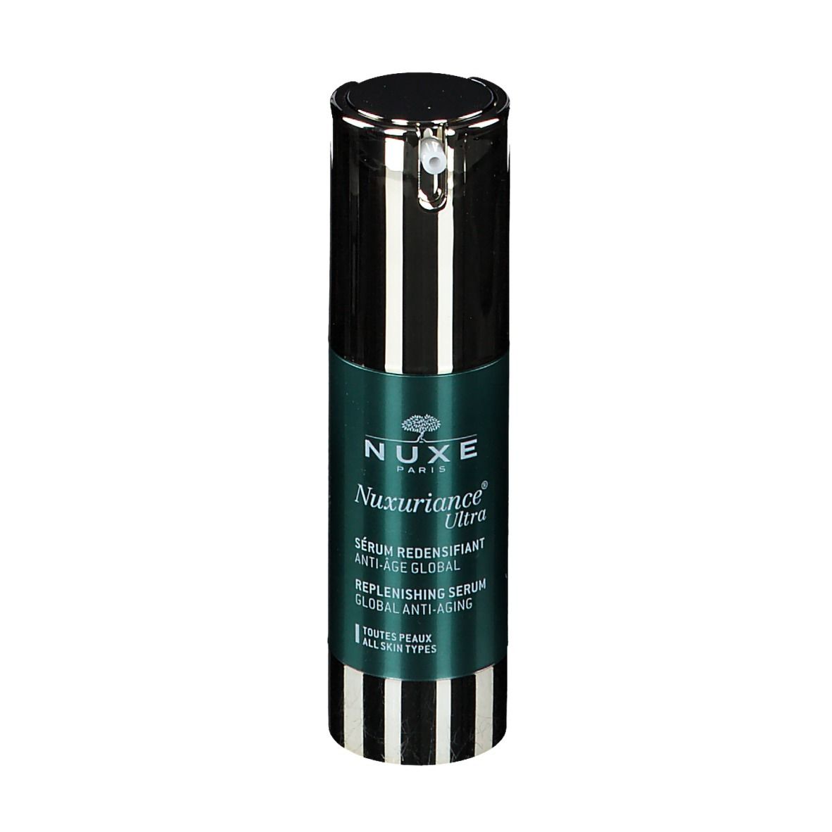 Flacone di siero con tappo nero e strisce. Testo: NUXE, Nuxuriance Ultra, Sérum Redensifiant Anti-Âge Global.