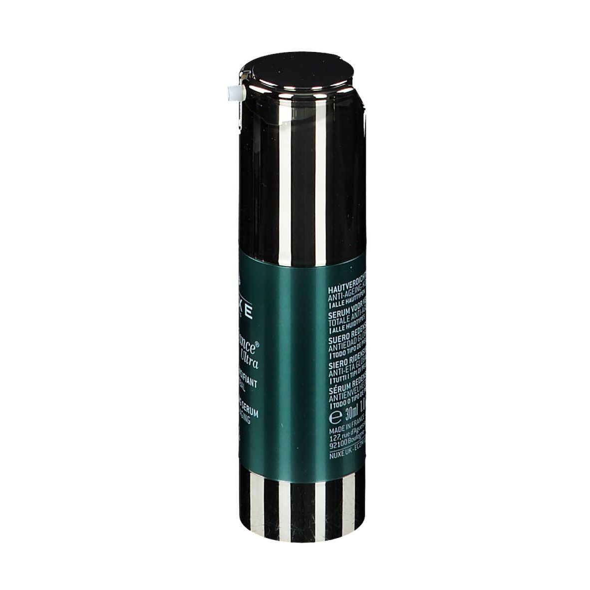 Retro del flacone di siero. Testo: Siero ridensificante, anti-età, 30ml, NUXE.