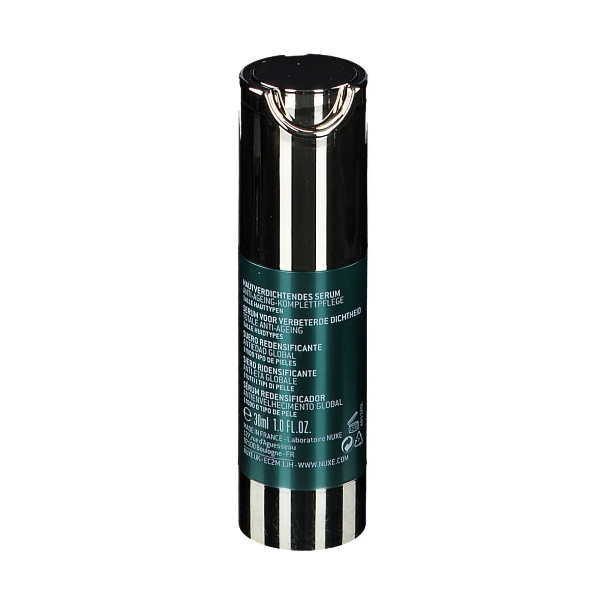 Retro del flacone di siero. Testo: Siero ridensificante, anti-età, 30ml, NUXE.