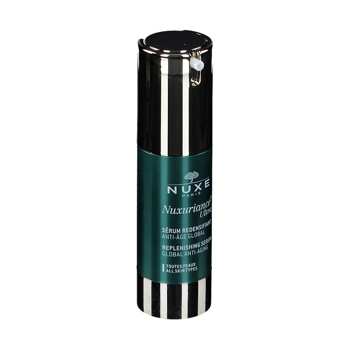 Flacone di siero con tappo nero e strisce. Testo: NUXE, Nuxuriance Ultra, Sérum Redensifiant Anti-Âge Global.
