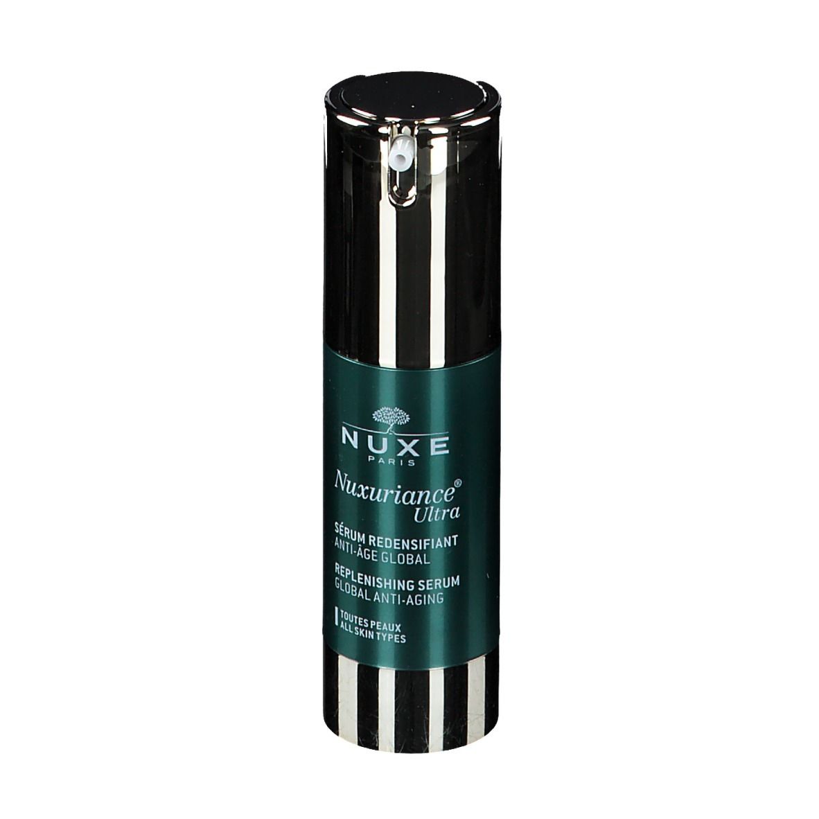 Flacone di siero con tappo nero e strisce. Testo: NUXE, Nuxuriance Ultra, Sérum Redensifiant Anti-Âge Global.