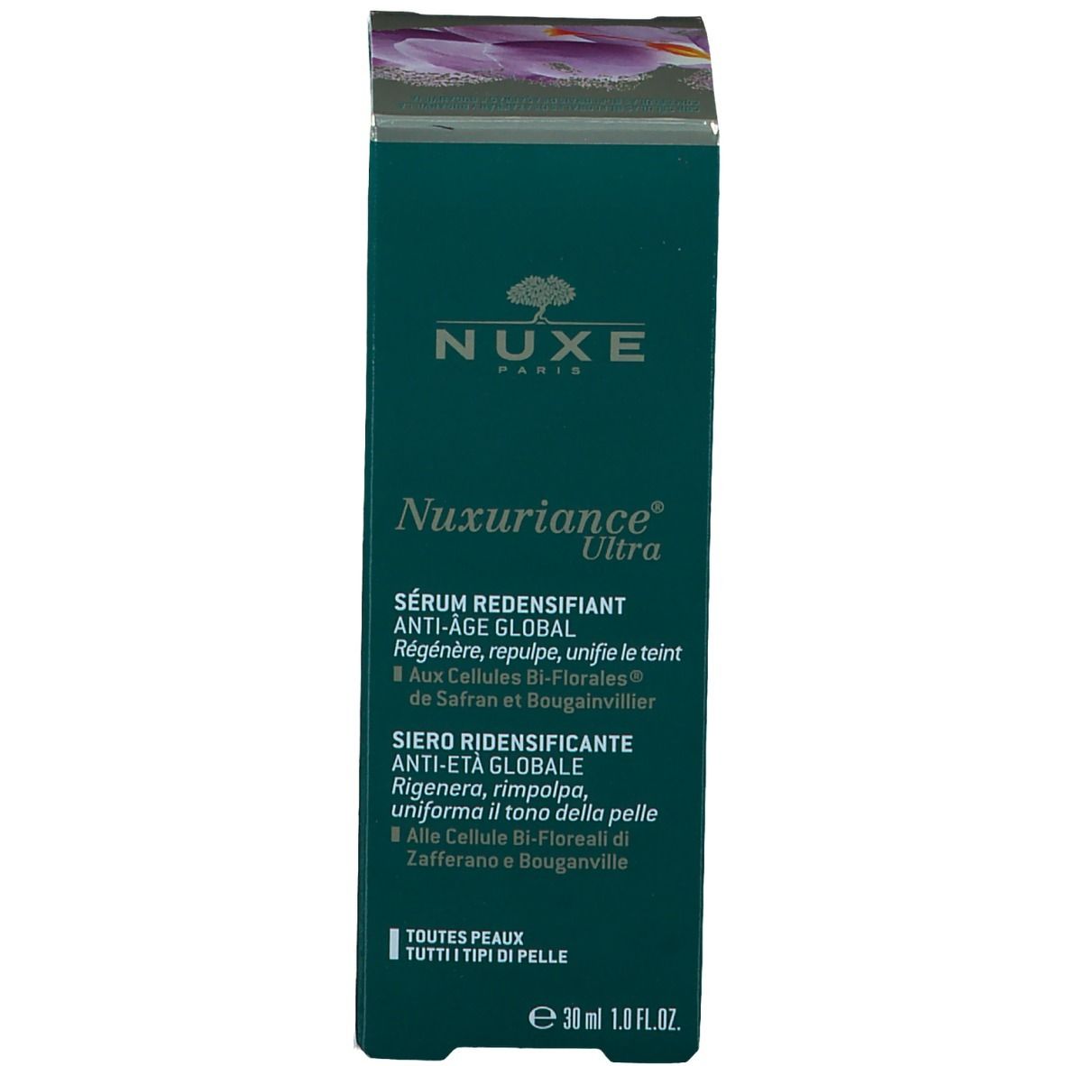 Confezione. Testo: NUXE, Nuxuriance Ultra, Sérum Redensifiant Anti-Âge Global, 30ml.