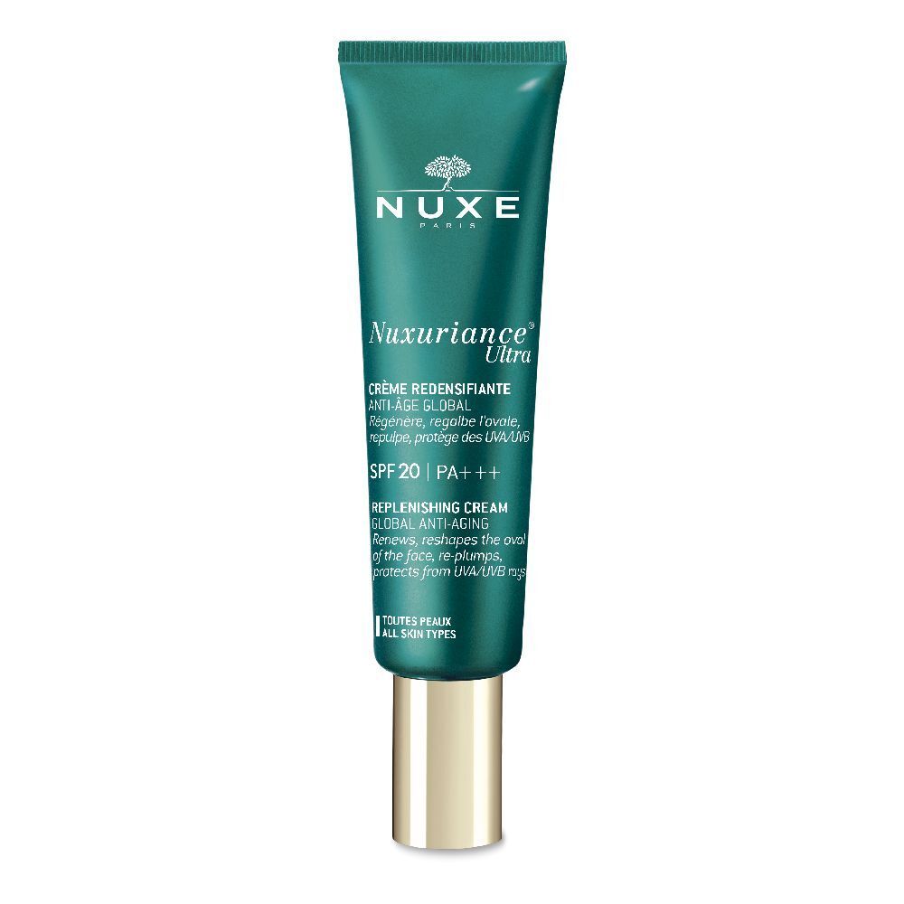 Tubo verde di crema NUXE Nuxuriance Ultra, crema anti-età, SPF 20 PA+++. Per tutti i tipi di pelle.