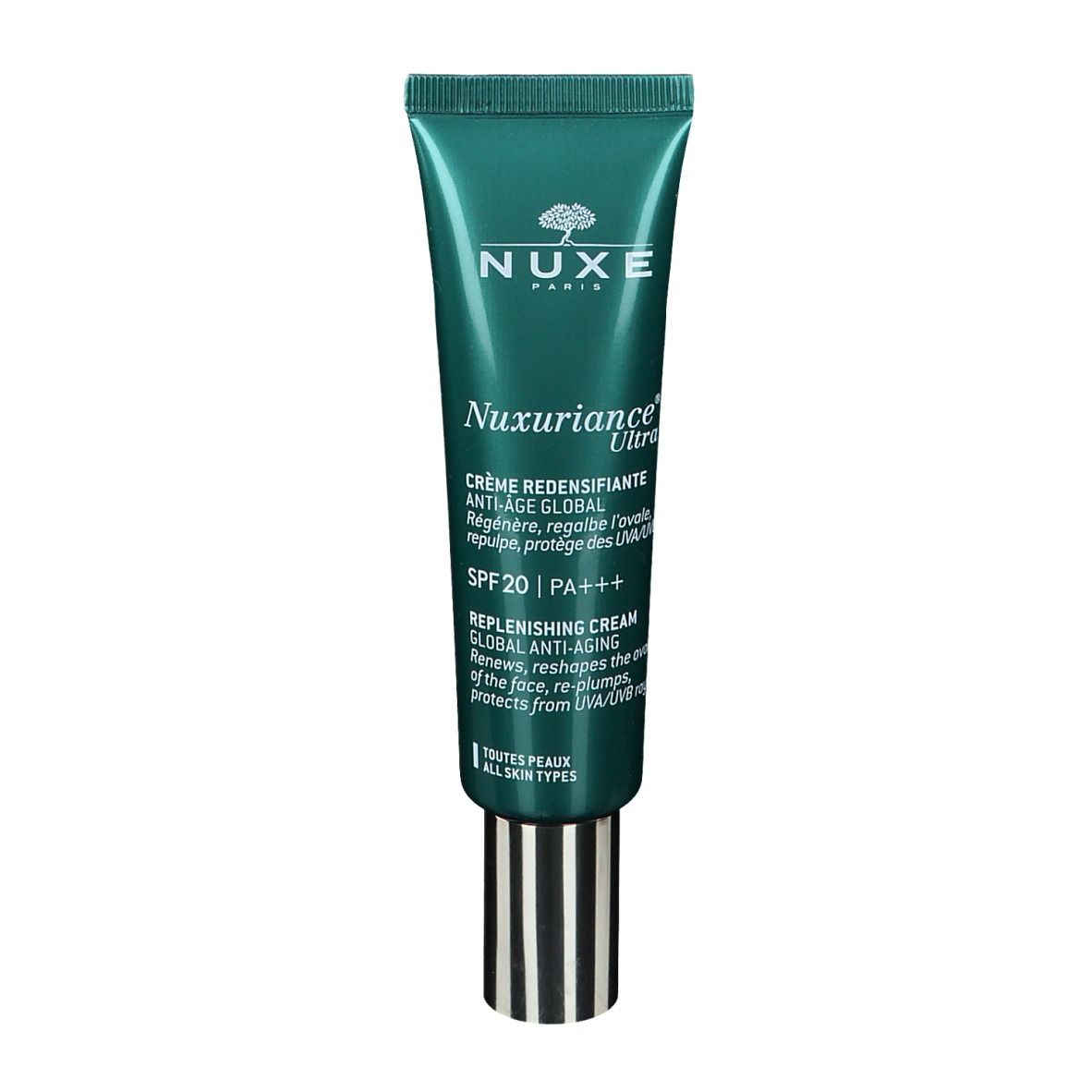 Tubo verde NUXE Nuxuriance Ultra. Crema Redensificante Anti-Età Globale, SPF 20 PA+++. Tutti i tipi di pelle.