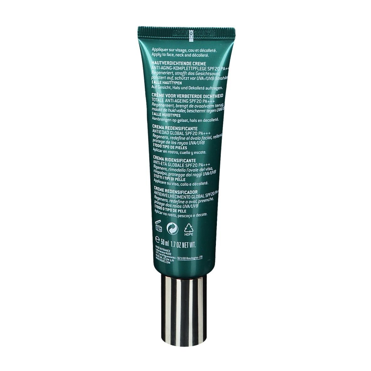 Retro del tubo verde NUXE Nuxuriance Ultra. Testo multilingue. Tutti i tipi di pelle. 50 ml.