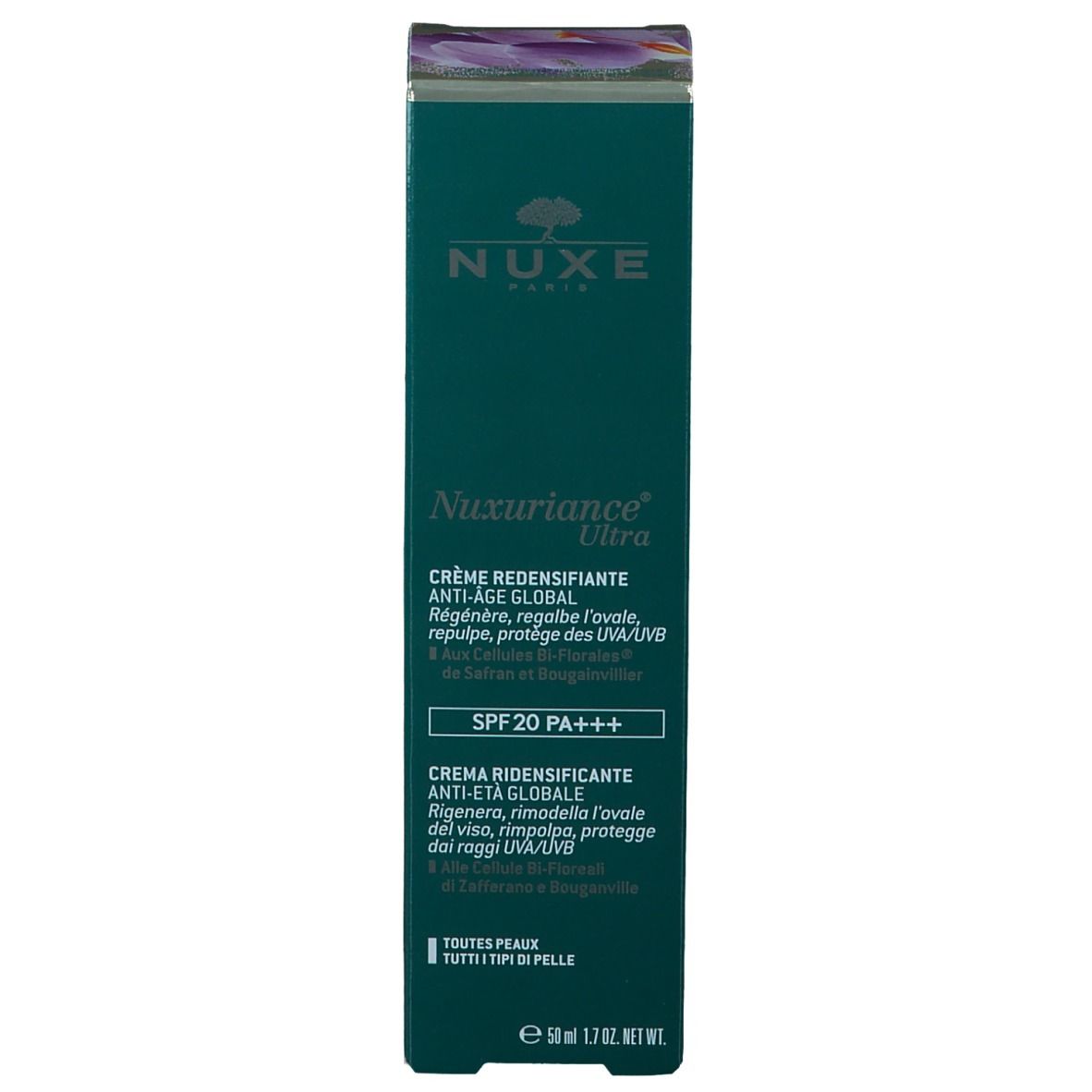 Confezione NUXE Nuxuriance Ultra crema. Scatola verde. Testo: Crème Redensifiante Anti-Âge Global, SPF 20 PA+++. 50 ml.