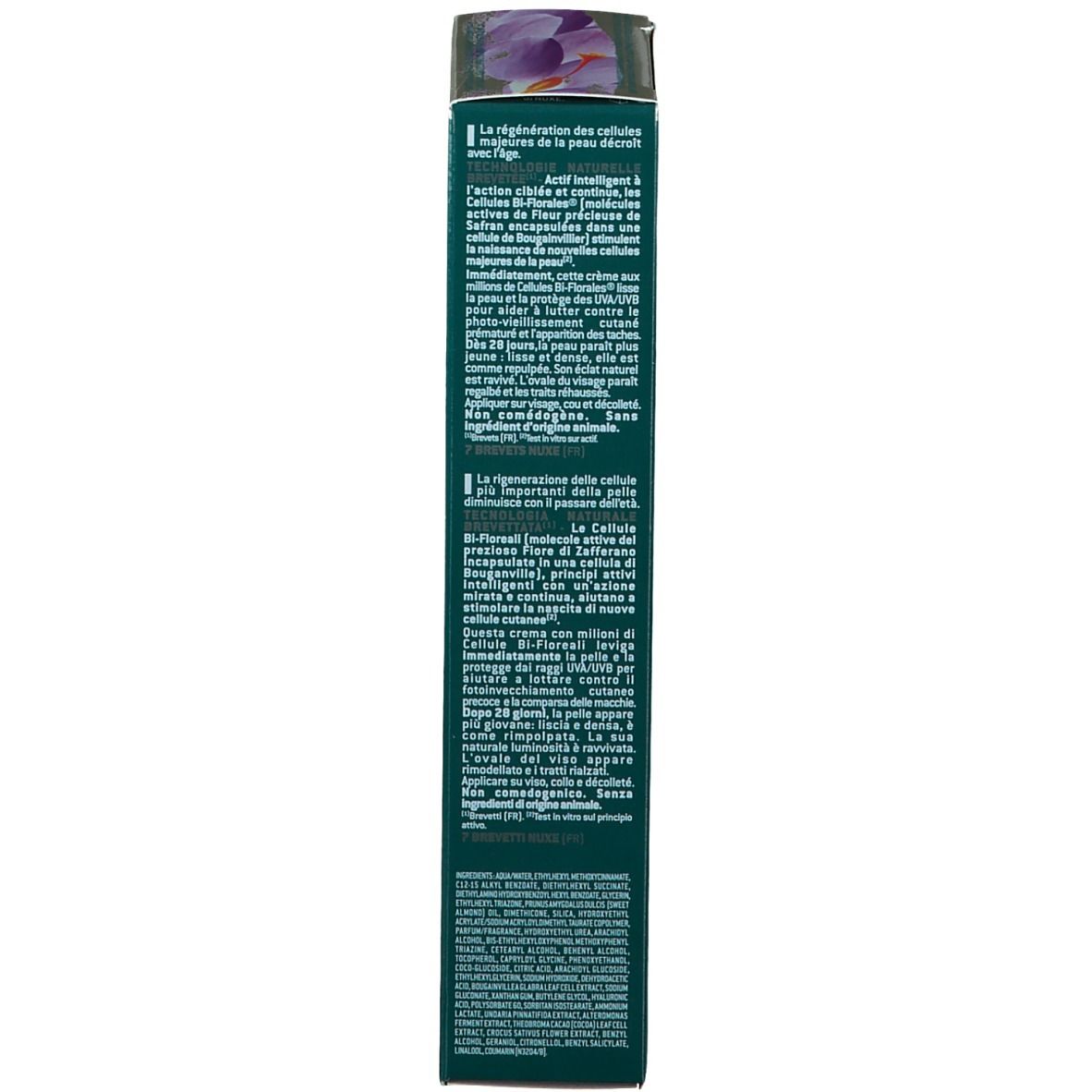 Retro della confezione NUXE Nuxuriance Ultra crema. Testo multilingue. 50 ml. Senza test sugli animali.