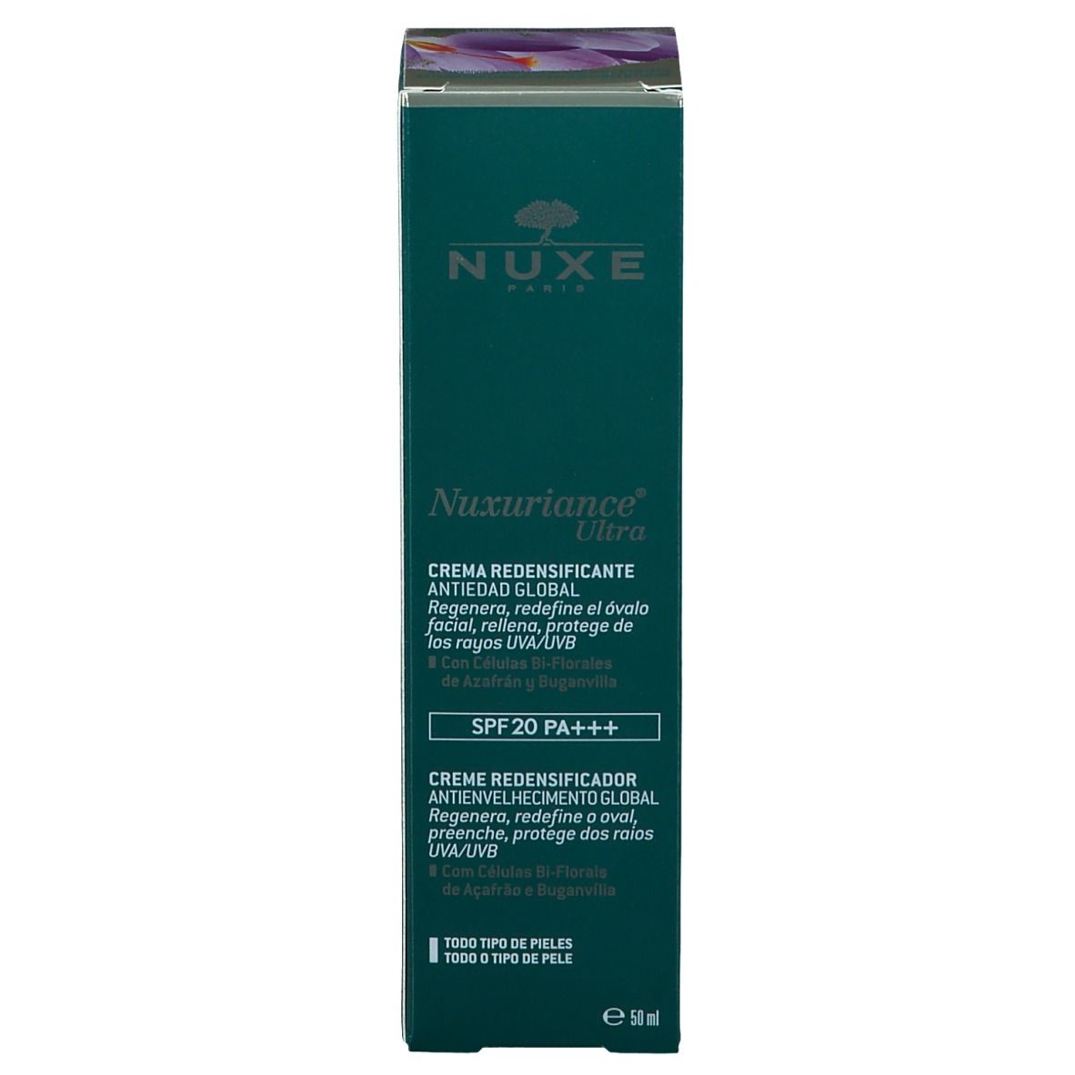 Confezione NUXE Nuxuriance Ultra crema. Scatola verde. Testo: Crème Redensifiante Anti-Âge Global, SPF 20 PA+++. 50 ml.