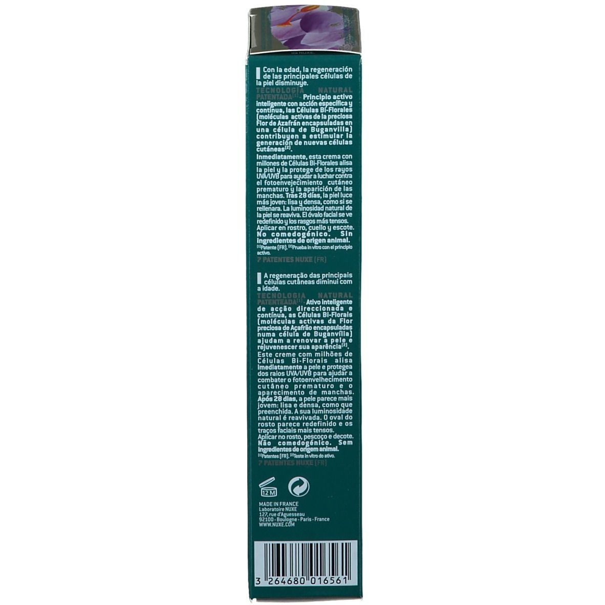 Retro della confezione NUXE Nuxuriance Ultra crema. Testo multilingue. 50 ml. Senza test sugli animali.