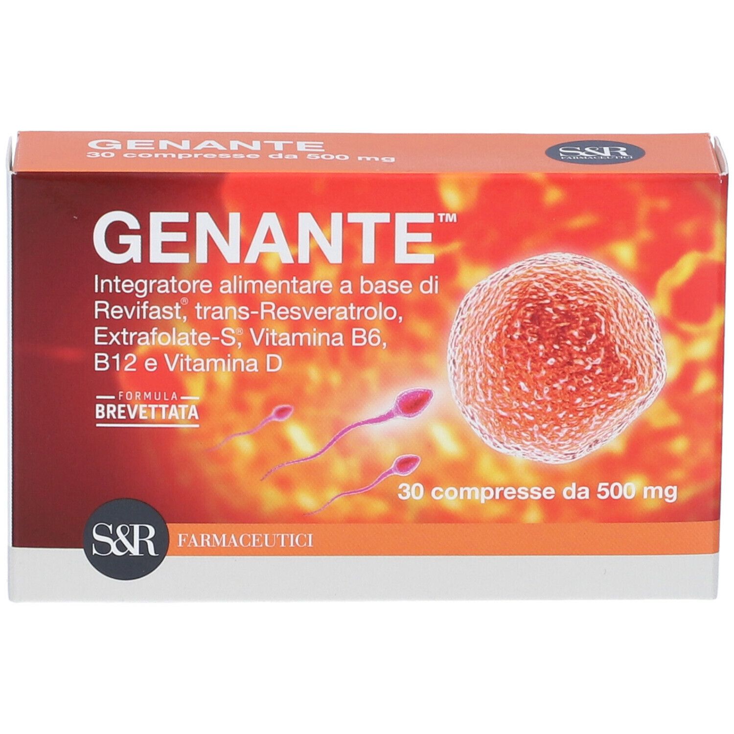 Orangefarbene Schachtel GENANTE™ mit 30 Tabletten. Aufschrift: S&R Farmaceutici. Enthält Revifast, trans-Resveratrol, Extrafolate-S, Vitamine.