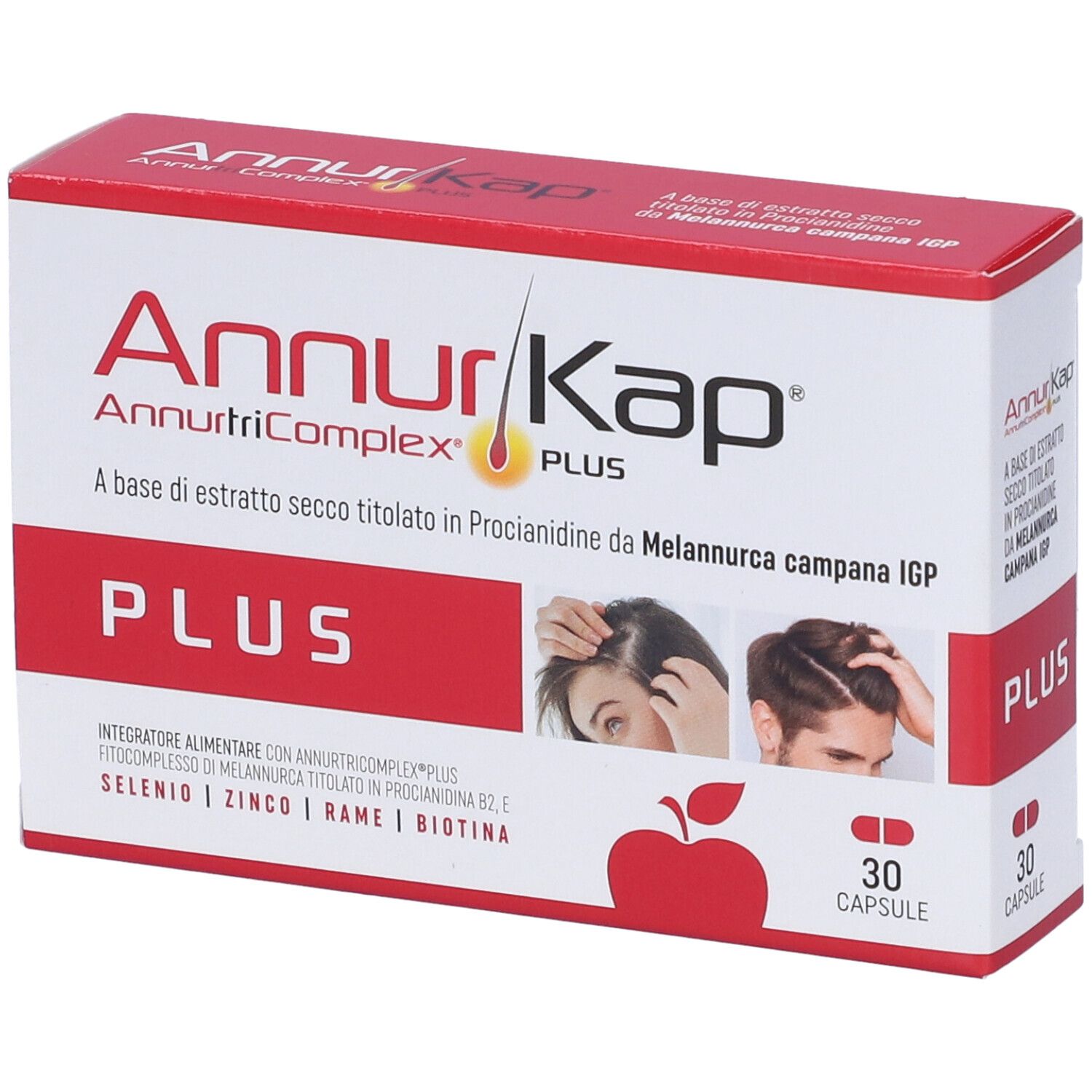 Rote und weiße Schachtel mit dem Produktnamen AnnurKap Plus. Enthält 30 Kapseln. Auf der Verpackung sind Bilder von Personen mit Haaren abgebildet.