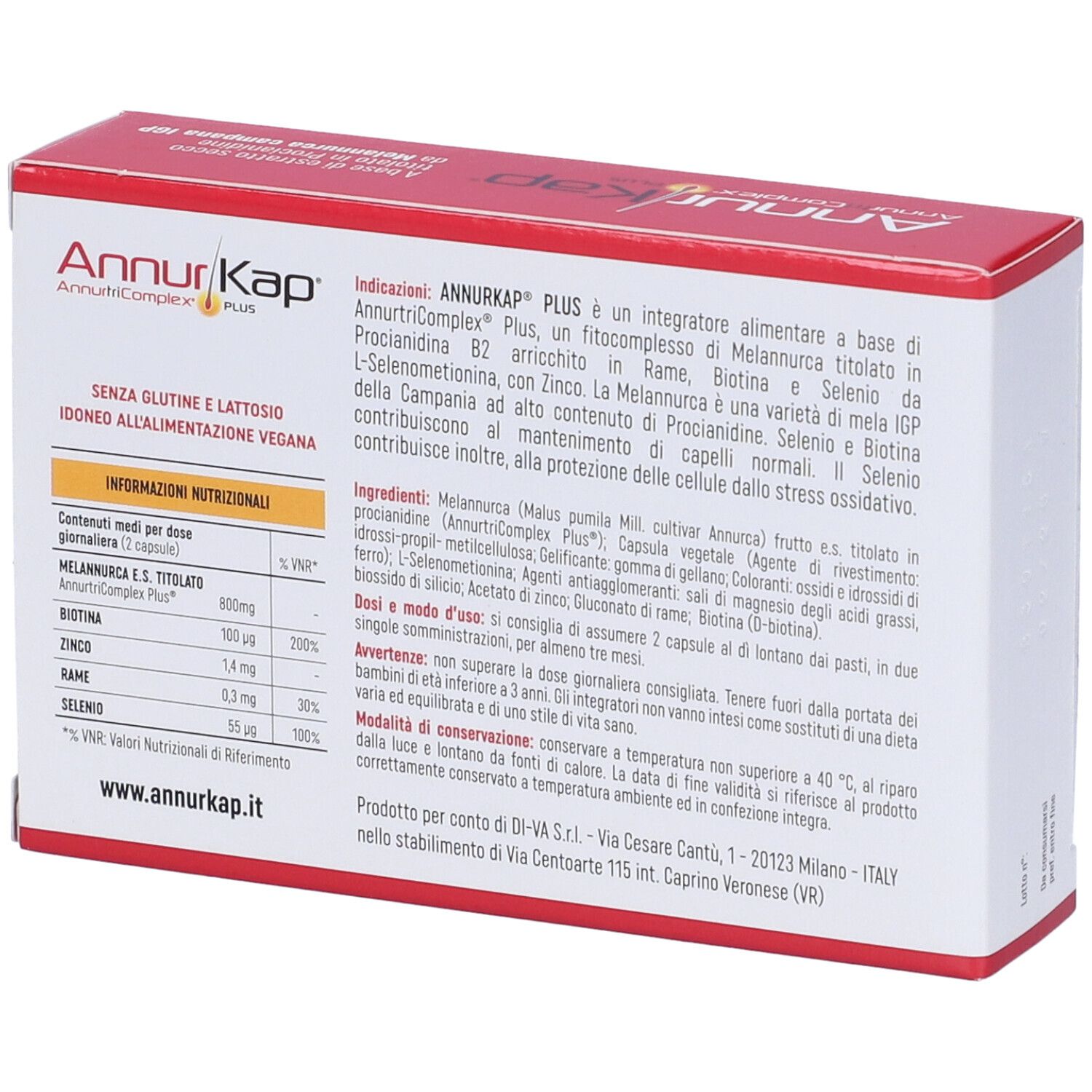 Rückseite der AnnurKap Plus-Verpackung. Enthält Informationen zu Inhaltsstoffen, Nährwerten und Gebrauchsanweisung. Text in italienischer Sprache.