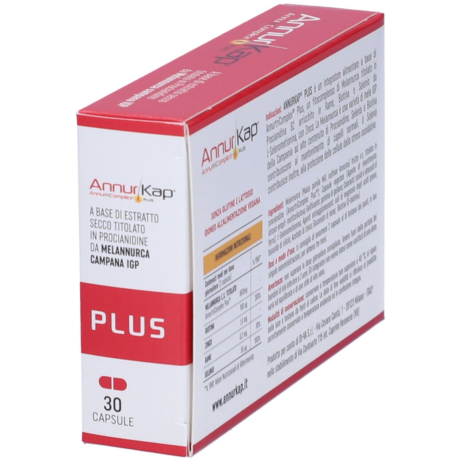 Schachtel AnnurKap Plus in Schrägansicht. Enthält Informationen zu Inhaltsstoffen und Nährwerten. Text in italienischer Sprache.