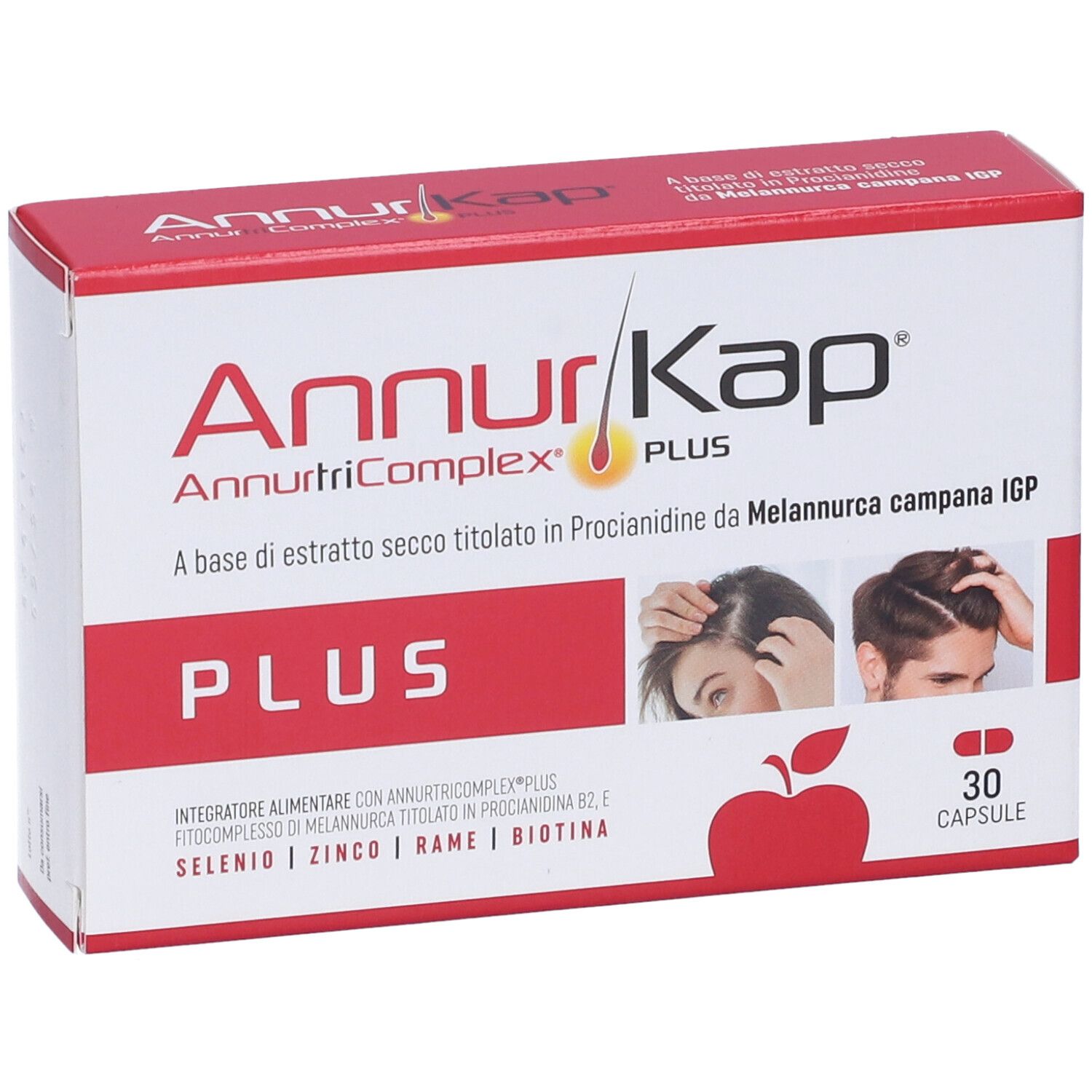 Rote und weiße Schachtel mit dem Produktnamen AnnurKap Plus. Enthält 30 Kapseln. Auf der Verpackung sind Bilder von Personen mit Haaren abgebildet.