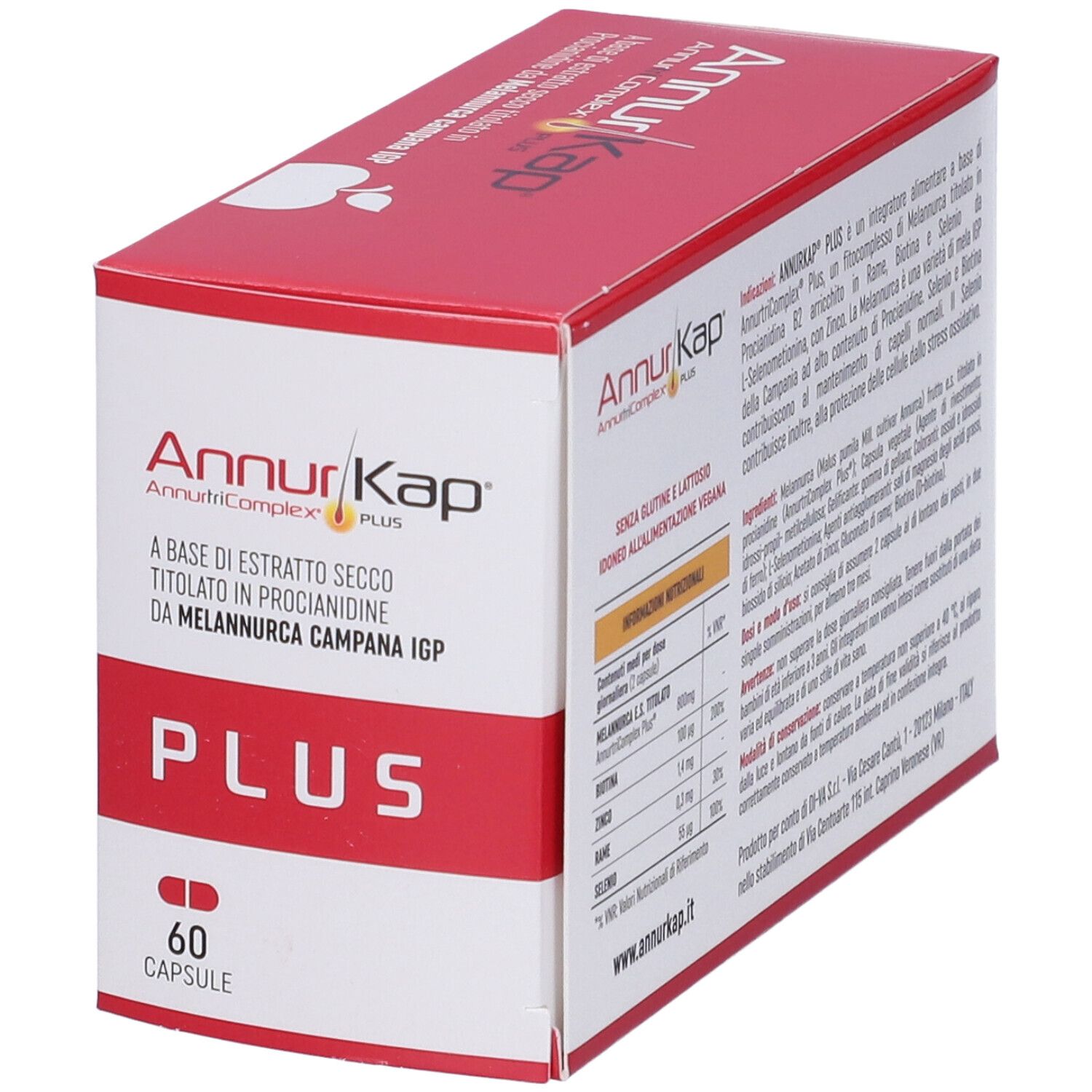 Scatola rossa e bianca con scritta AnnurKap Plus. Contiene 60 capsule. Logo mela.