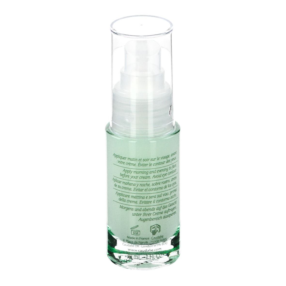 Flacone di vetro verde con erogatore. Scritte CAUDALIE, VINOPURE, Siero Anti-imperfezioni. Testo sul retro.
