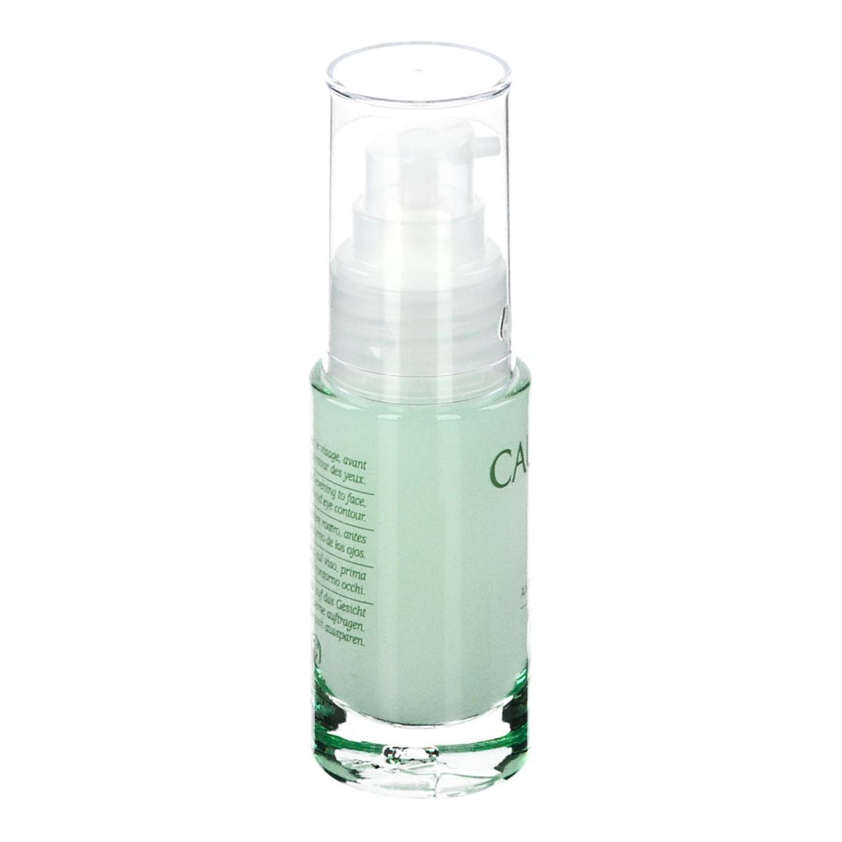 Flacone di vetro verde con erogatore. Scritte CAUDALIE, VINOPURE, Siero Anti-imperfezioni. Testo sul retro.